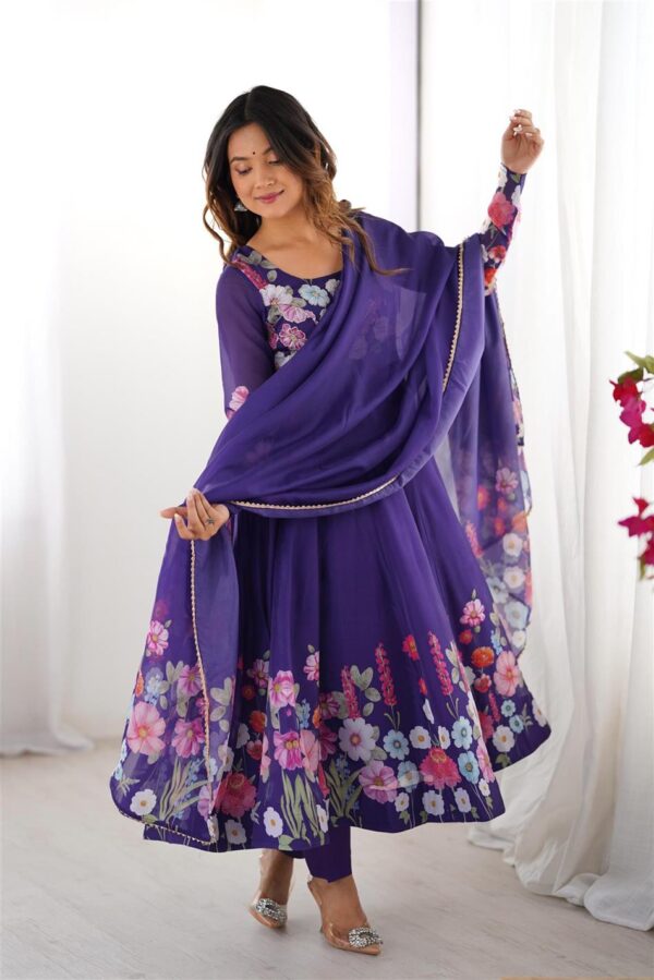 Buy Organza Silk Floral Anarkali Suit Set with Dupatta and Pant - Image 6