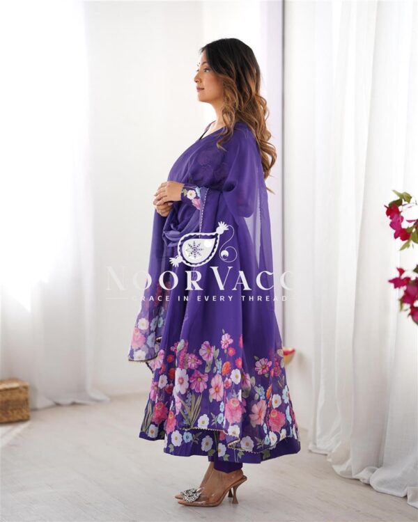 Buy Organza Silk Floral Anarkali Suit Set with Dupatta and Pant - Image 2