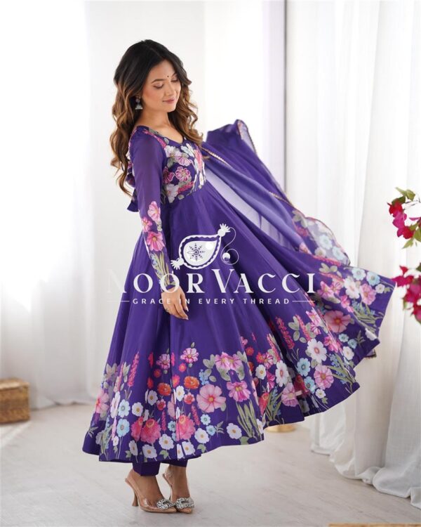 Buy Organza Silk Floral Anarkali Suit Set with Dupatta and Pant - Image 3
