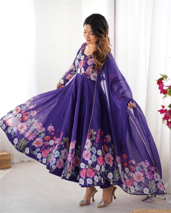 Buy Organza Silk Floral Anarkali Suit Set with Dupatta and Pant - Image 4
