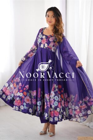 Buy Organza Silk Floral Anarkali Suit Set with Dupatta and Pant
