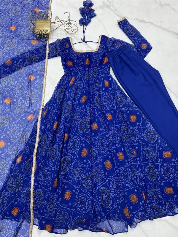 Shop Chiffon Bandhej Anarkali Gown Set with Dupatta and Pant - Image 7