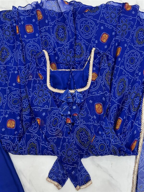 Shop Chiffon Bandhej Anarkali Gown Set with Dupatta and Pant - Image 8