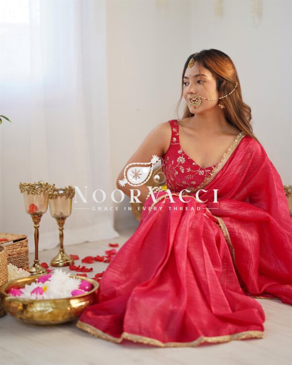 Buy Gold Crush Tissue Silk Ready-to-Wear Saree with Embroidered Blouse - Image 5