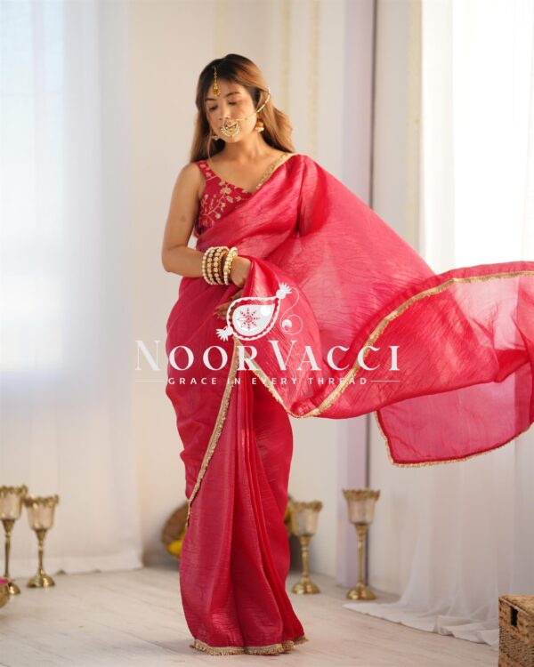 Buy Gold Crush Tissue Silk Ready-to-Wear Saree with Embroidered Blouse - Image 6