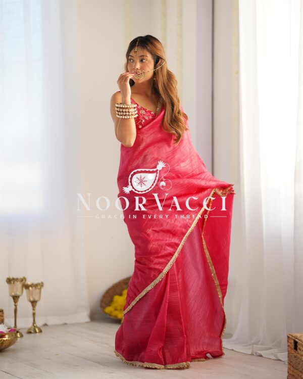 Buy Gold Crush Tissue Silk Ready-to-Wear Saree with Embroidered Blouse - Image 7