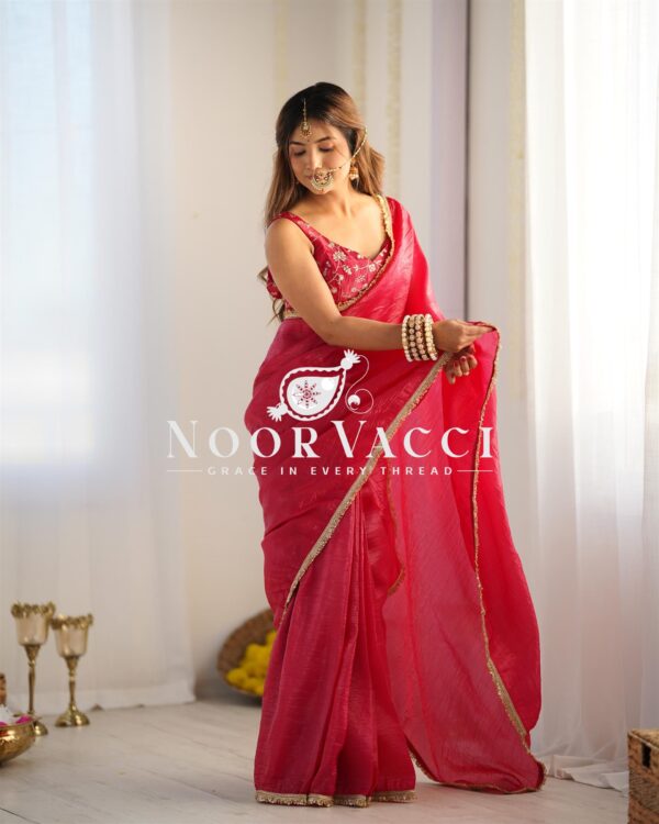 Buy Gold Crush Tissue Silk Ready-to-Wear Saree with Embroidered Blouse - Image 4