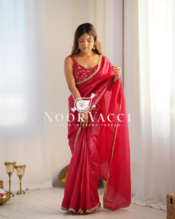 Buy Gold Crush Tissue Silk Ready-to-Wear Saree with Embroidered Blouse - Image 2