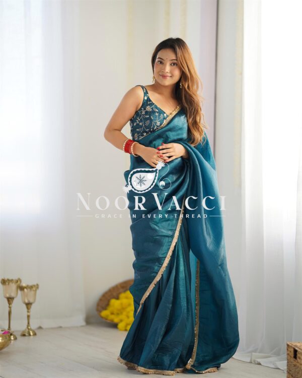 Buy Gold Crush Tissue Silk Ready-to-Wear Saree Set - Image 6