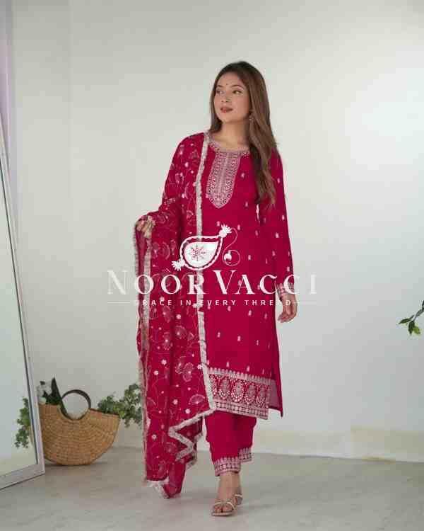Elegant Pure Blooming Vichitra Silk Kurta Set with Dupatta & Trousers - Image 10