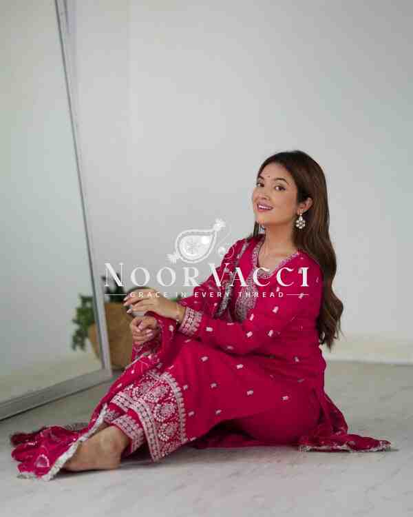 Elegant Pure Blooming Vichitra Silk Kurta Set with Dupatta & Trousers - Image 3