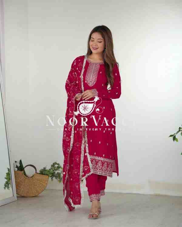 Elegant Pure Blooming Vichitra Silk Kurta Set with Dupatta & Trousers - Image 9