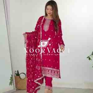 Elegant Pure Blooming Vichitra Silk Kurta Set with Dupatta & Trousers