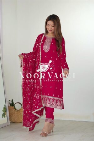 Shop Elegant Pure Blooming Vichitra Silk Kurta Set with Dupatta & Trousers
