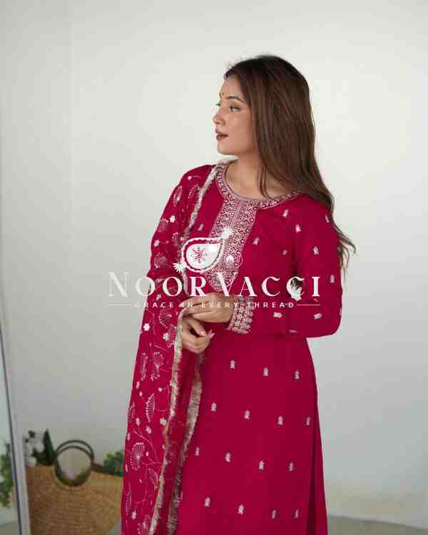 Elegant Pure Blooming Vichitra Silk Kurta Set with Dupatta & Trousers - Image 6