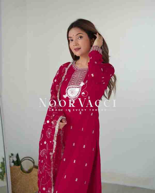 Elegant Pure Blooming Vichitra Silk Kurta Set with Dupatta & Trousers - Image 2