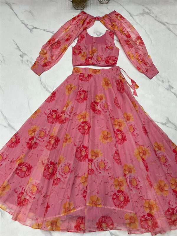 Shop Floral Organza Silk Lehenga Choli Set with Detachable Sleeves - Image 8