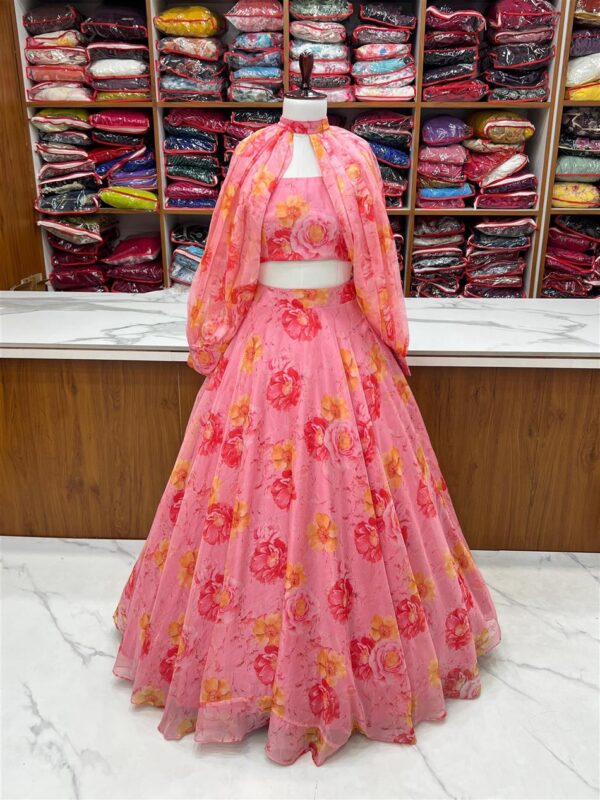 Shop Floral Organza Silk Lehenga Choli Set with Detachable Sleeves - Image 9