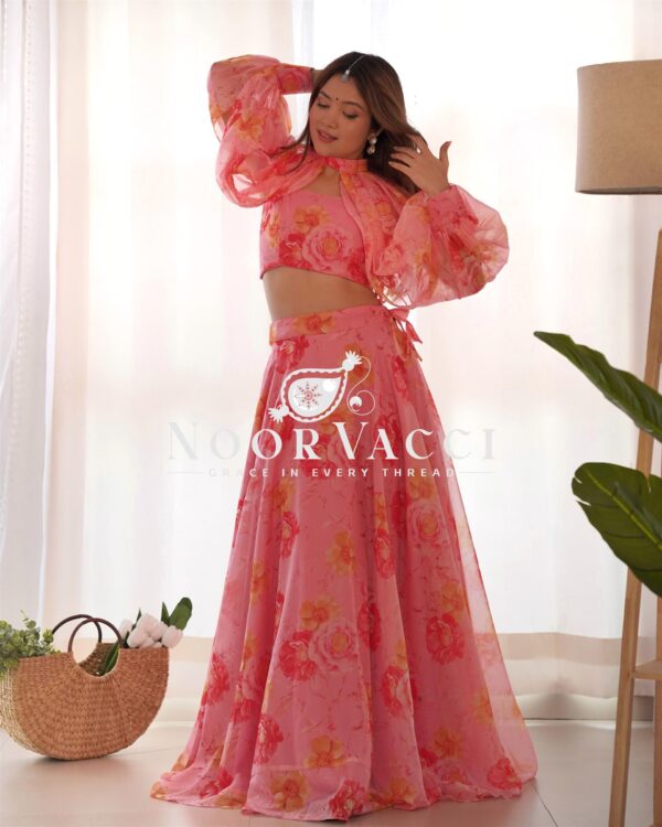 Shop Floral Organza Silk Lehenga Choli Set with Detachable Sleeves - Image 5