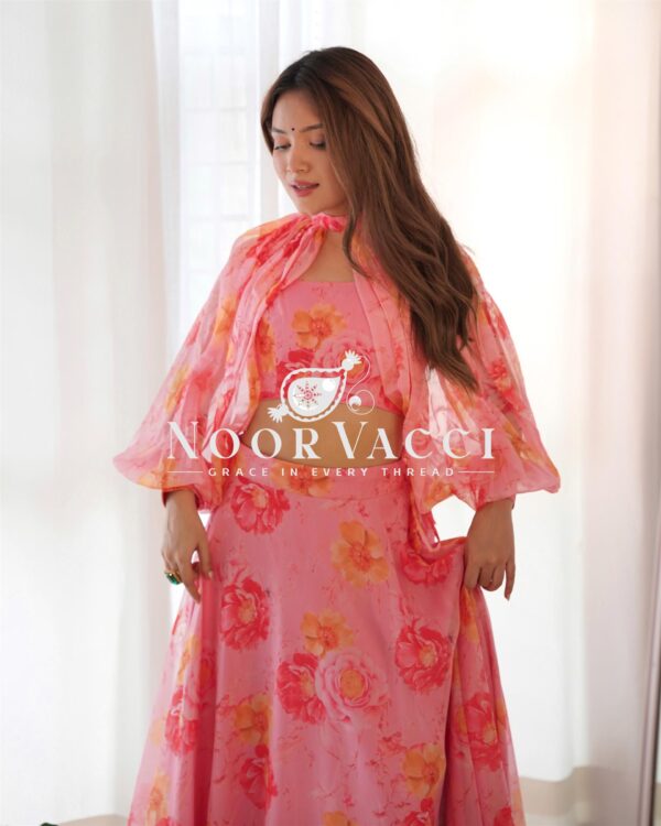Shop Floral Organza Silk Lehenga Choli Set with Detachable Sleeves - Image 3