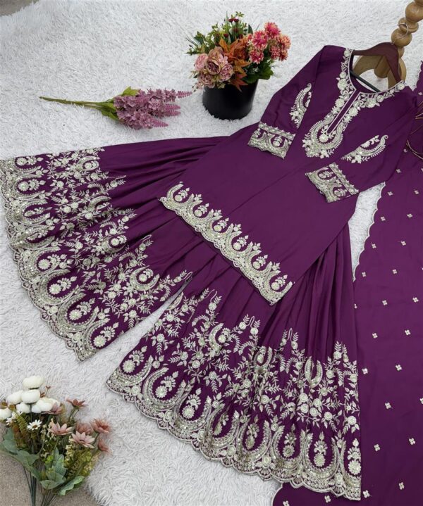 Buy French Crepe Embroidered Top-Sharara Set with Dupatta - Image 8