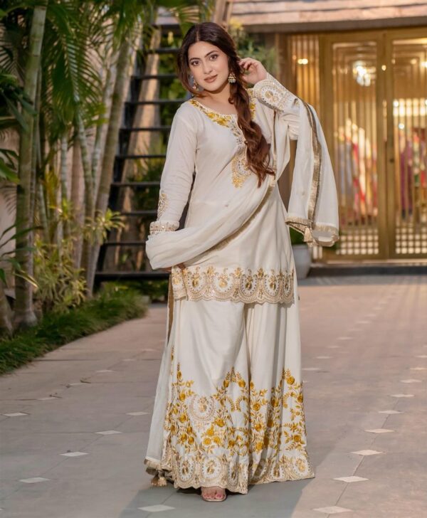 Buy French Crepe Embroidered Top-Sharara Set with Dupatta - Image 2