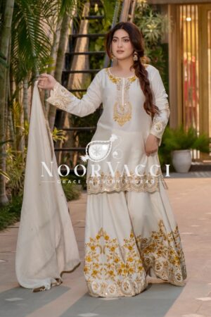 Buy French Crepe Embroidered Top-Sharara Set with Dupatta