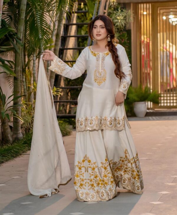 Buy French Crepe Embroidered Top-Sharara Set with Dupatta