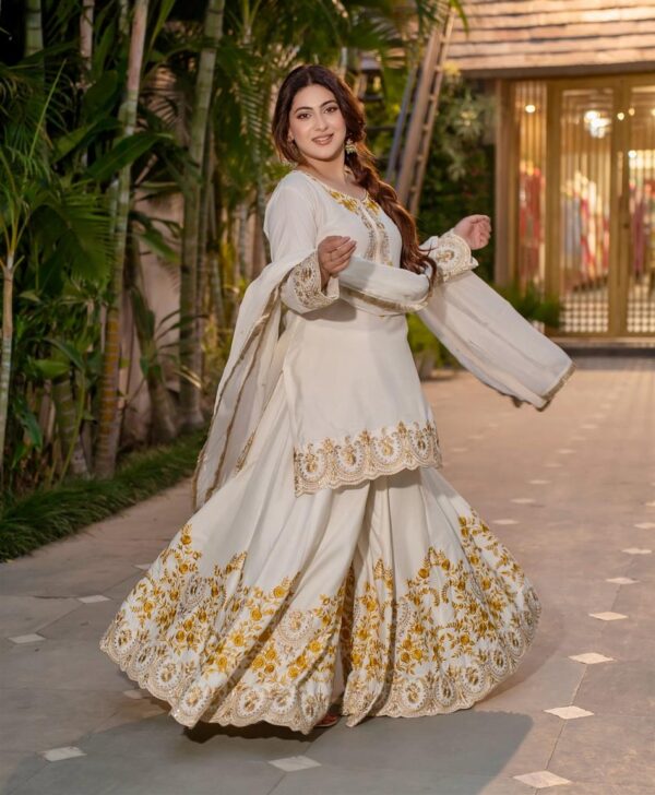 Buy French Crepe Embroidered Top-Sharara Set with Dupatta - Image 3