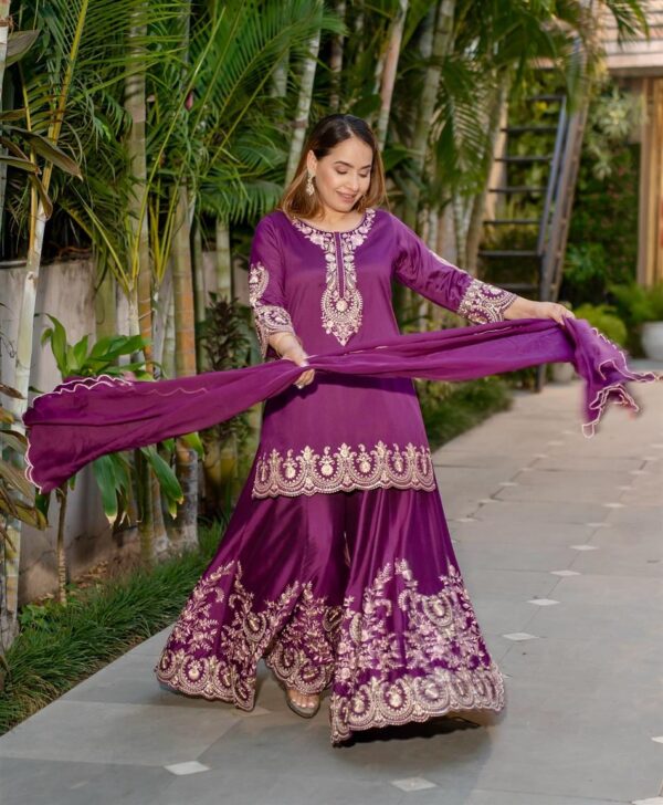 Buy French Crepe Embroidered Top-Sharara Set with Dupatta - Image 3