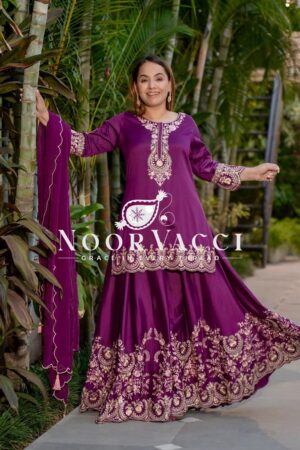 Buy French Crepe Embroidered Top-Sharara Set with Dupatta