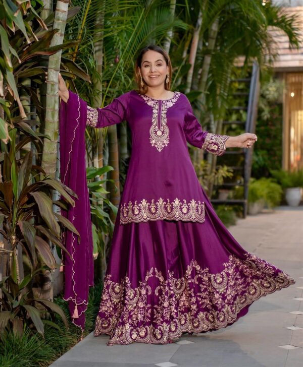 Buy French Crepe Embroidered Top-Sharara Set with Dupatta