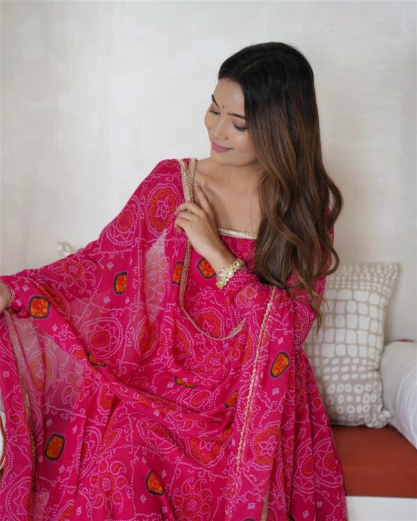 Shop Red Chiffon Bandhej Anarkali Set with Dupatta - Image 4