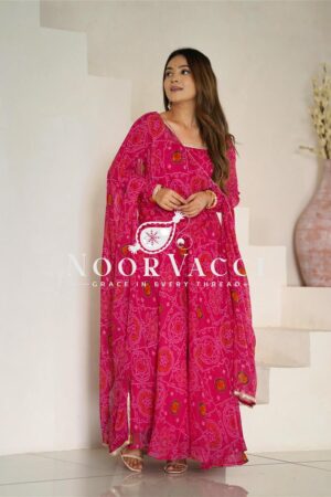 Shop Red Chiffon Bandhej Anarkali Set with Dupatta