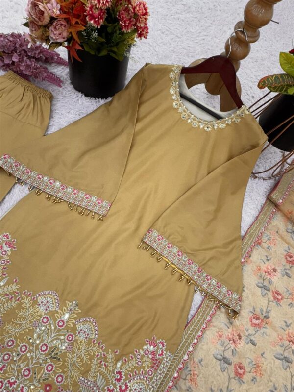 Buy French Crepe Silk Embroidered Top with Farshi Pant & Tissue Dupatta - Image 10