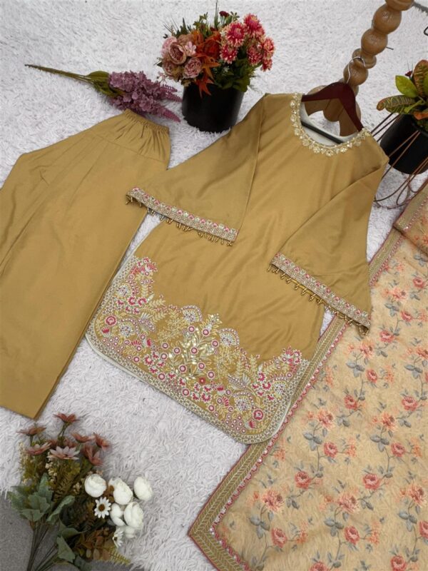 Buy French Crepe Silk Embroidered Top with Farshi Pant & Tissue Dupatta - Image 9