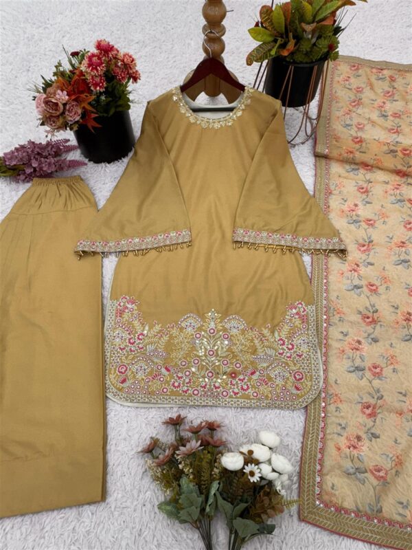 Buy French Crepe Silk Embroidered Top with Farshi Pant & Tissue Dupatta - Image 11