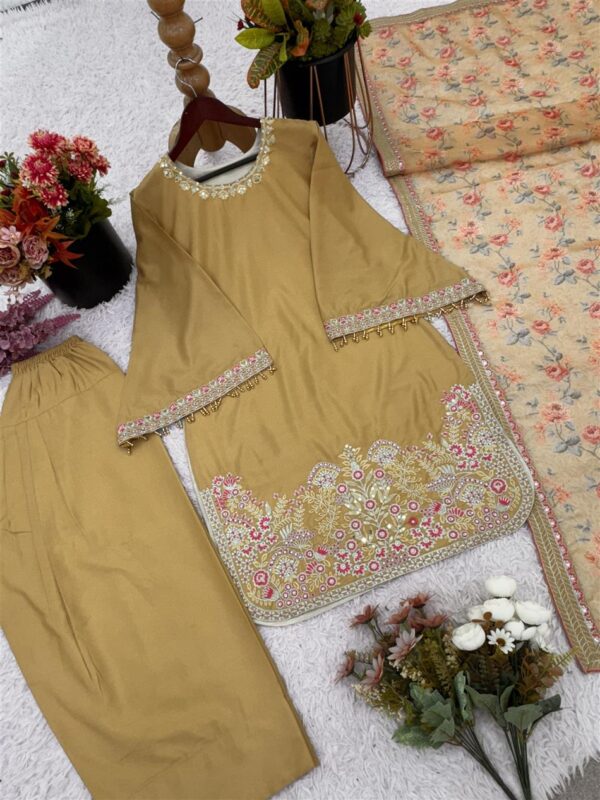 Buy French Crepe Silk Embroidered Top with Farshi Pant & Tissue Dupatta - Image 12