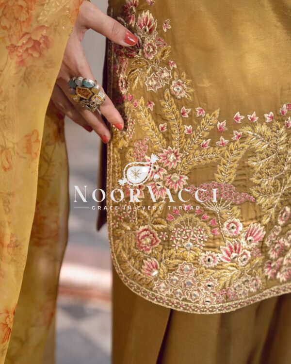 Buy French Crepe Silk Embroidered Top with Farshi Pant & Tissue Dupatta - Image 3