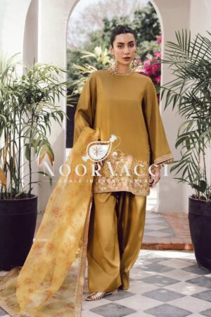 Buy French Crepe Silk Embroidered Top with Farshi Pant & Tissue Dupatta