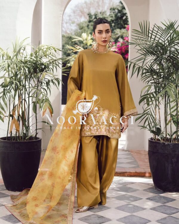 Buy French Crepe Silk Embroidered Top with Farshi Pant & Tissue Dupatta
