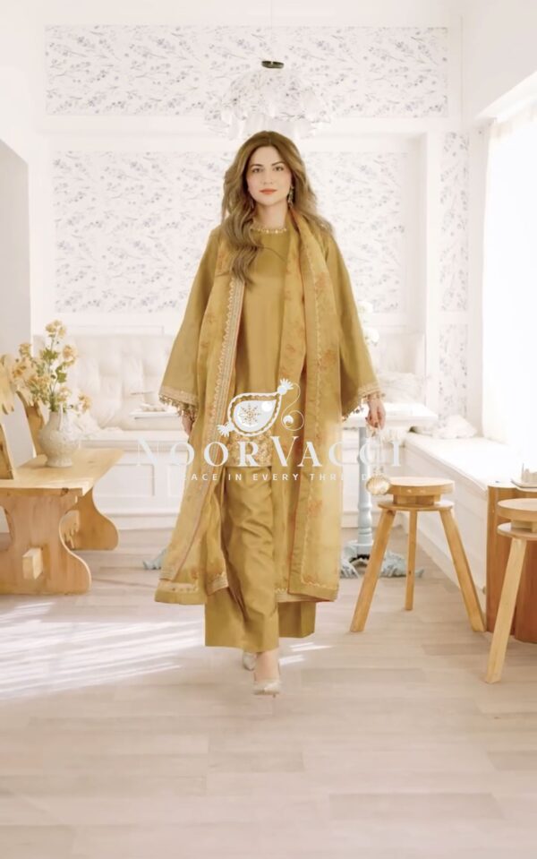 Buy French Crepe Silk Embroidered Top with Farshi Pant & Tissue Dupatta - Image 7
