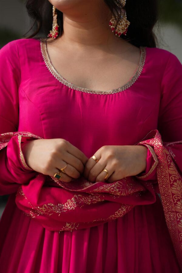 Shop Romansilk Chanderi Anarkali Set with Banarasi Dupatta - Image 8