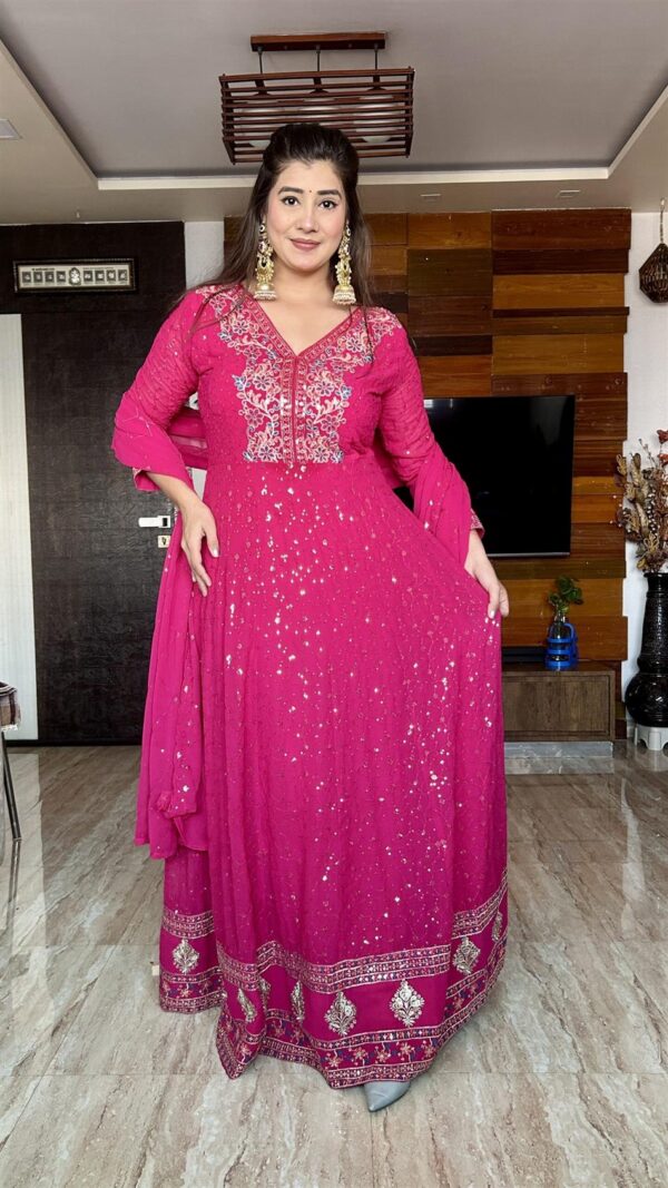 Buy Pure Georgette Embroidered Gown with Bottom and Dupatta Set - Image 2