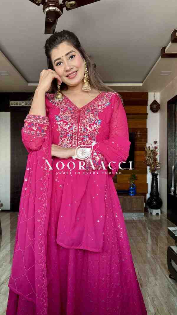 Pure Georgette Embroidered Gown with Bottom and Dupatta Set - Image 3