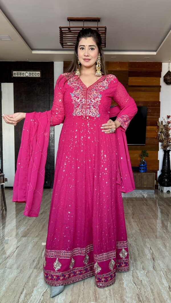 Pure Georgette Embroidered Gown with Bottom and Dupatta Set - Image 4