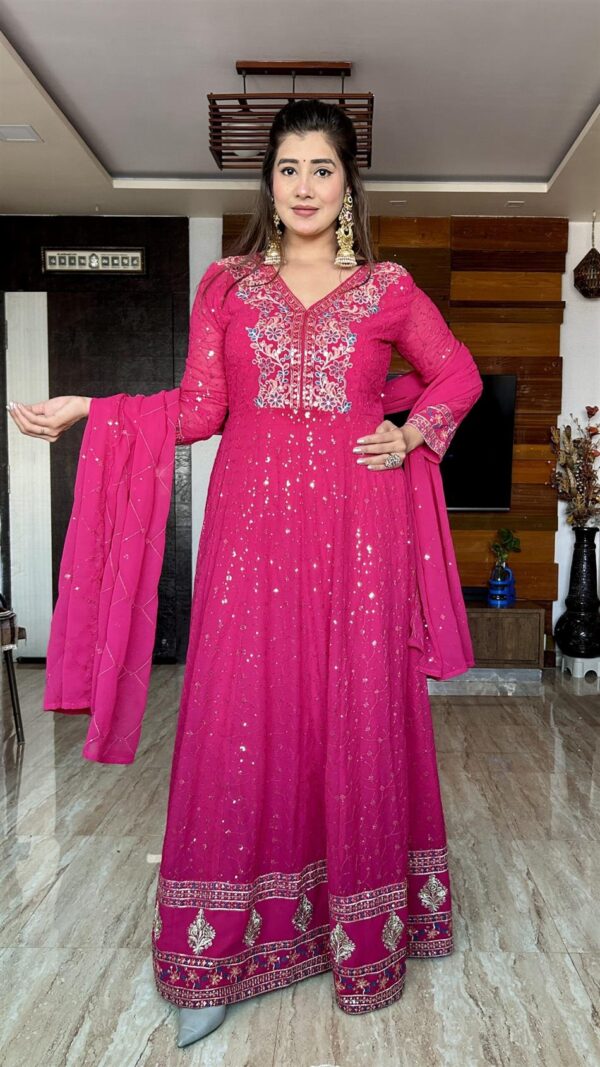 Buy Pure Georgette Embroidered Gown with Bottom and Dupatta Set - Image 4