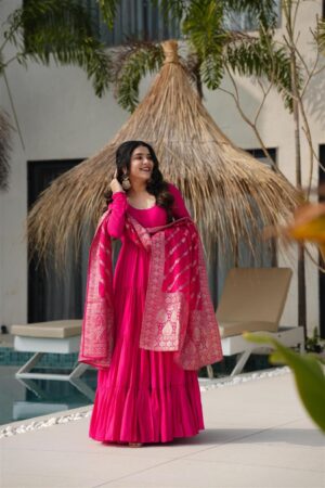 Shop Romansilk Chanderi Anarkali Set with Banarasi Dupatta