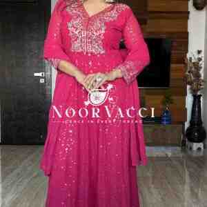 Pure Georgette Embroidered Gown with Bottom and Dupatta Set