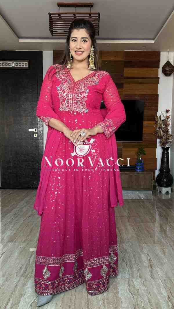 Pure Georgette Embroidered Gown with Bottom and Dupatta Set